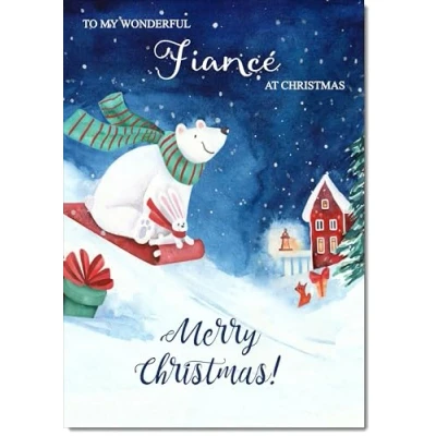 Image of doodlecards Fiance Christmas Card Bear on Sled Medium Size for with Plain Envelope