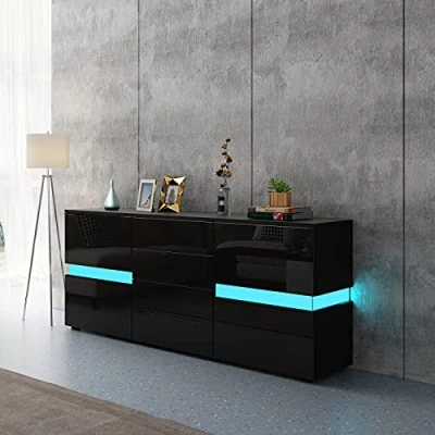 Image of AWOOOD LED Sideboard Cabinet,TV Unit High Gloss Sideboards Storage Cabinet with 2 Doors 4 Drawers,TV Stands for Living Room (Black)