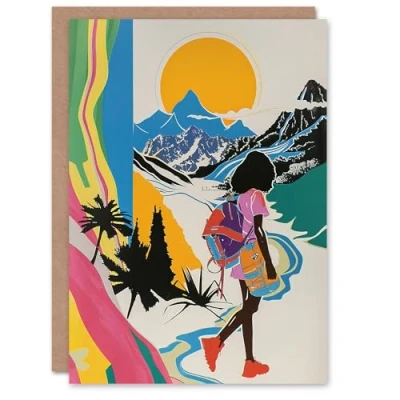 Image of Artery8 Hiker Bright Sun Mountains Abstract Colourful Greeting Birthday Card Him Her All Blank