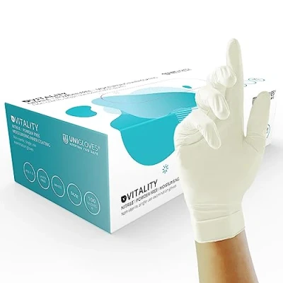 Image of Unigloves Vitality Nitrile GD0031 Moisturising Examination Multipurpose, Powder and Latex Free Disposable Gloves, Box of 100 White, Extra Small