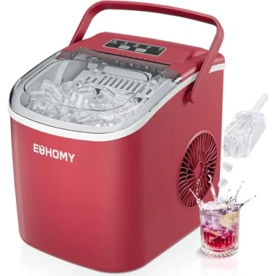 Image of Ice Maker, EUHOMY Countertop Maker Machine, 9 Cube Ready in 6 Mins, 2 Size Cube, Self Cleaning Compact 12 kg 24 H, Red, with Scoop and Basket for Home/Kitchen/Office/Bar