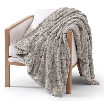 Image of UGG 10485 Adalee Soft Faux Fur Reversible Accent Throw Blanket Luxury Cozy Fuzzy Fluffy Hotel Style Luxurious Home Decor Blankets for Sofa, Seal