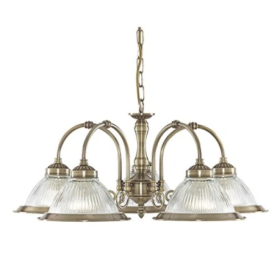 Image of American Diner 5 Light Multi Arm Ceiling Pendant Antique Brass, Ribbed Glass, E27