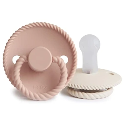 Image of FRIGG Rope Silicone Pacifier Pack of 2 Soother Dummy BPA Free Made in Denmark Symmetrical Cherry Shaped Nipple (Blush/Cream (6 18 Months))
