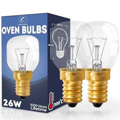 Image of Coselena 26W Pygmy Oven Bulb Pack of 2 SES E14 Small Edison Screw Warm White Incandescent Light Heat Resistant Halogen Bulbs