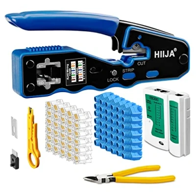 Image of Hiija RJ45 Crimp Tool Pass Through Cat5 Cat5e CAT6 Crimping for Regular, Kit with Network Cable Tester 50PCS Connectors