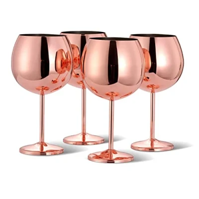 Image of Oak &amp; Steel 4 Stainless Large Goblet Wine Glasses, 700ml Unbreakable Balloon Glass Gift Set for Cocktails Gin Wedding Anniversary Birthday Party (Rose Gold)