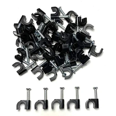 Image of TR Cable® Pack of 50 Round Black Cable Clips with Strong Nails Durable &amp; Versatile Ideal for Indoor/Outdoor Management, 7mm