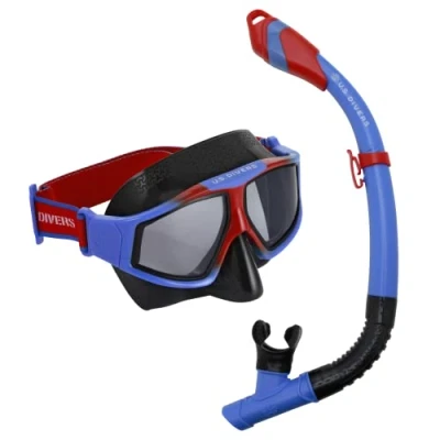 Image of U.S Divers Mask and Snorkel Combo Avila Blue Red Lenses Dark