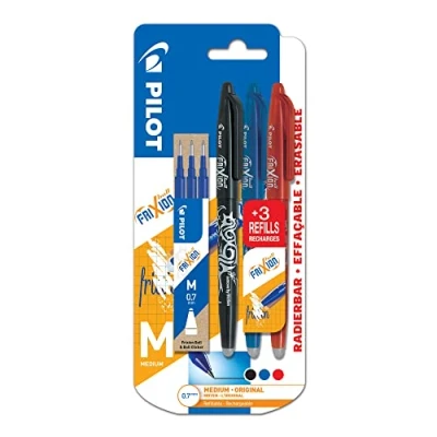 Image of Pilot Frixion Ball Erasable Gel Ink Pens Blue Medium 0.7mm Nib Blister Pack of 3 + Refills