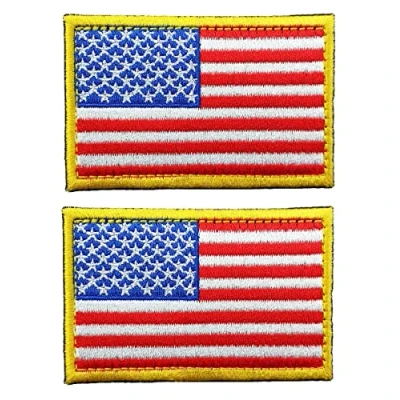 Image of Tactical American Flag Embroidered Patch Gold Border USA United States of America Military Uniform Emblem 2 Pack(3.15X2 inch)
