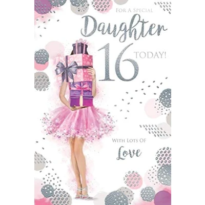 Image of Daughter 16th 16 Today Girl &amp; Presents Design Happy Birthday Card Lovely Verse
