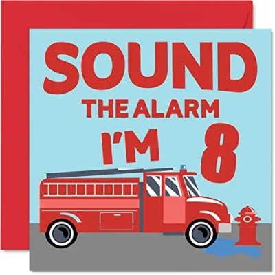 Image of 8th Birthday Card Boy Fire Engine Happy 8 Year Old Boy, Boys Cards for Him, 145mm x Greeting Son, Brother, Grandson, Nephew, Cousin, God Eighth