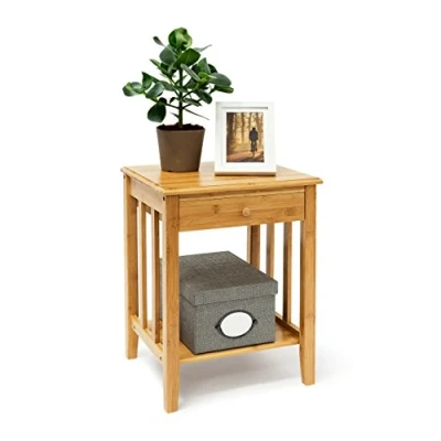Image of Relaxdays Bamboo Side Table with Drawer: 51.5 x 40.5 30.5 cm Night Stand End Small Sturdy Addional Bottom Shelf, Wooden Coffee Table, Natural