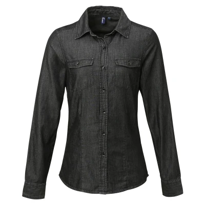Image of Premier Womens/Ladies Jeans Stitch Long Sleeve Denim Shirt (Black Denim) Size X Small