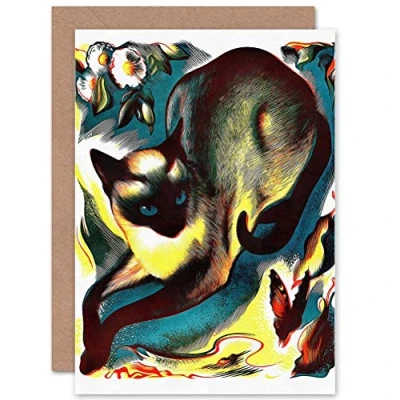 Image of Wee Blue Coo Paintings Animal Cat Butterfly Siamese Fine Sealed Greeting Card Plus Envelope Blank inside