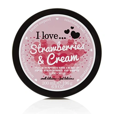 Image of I Love Strawberries &amp; Cream Body Butter, Made With 87% Naturally Derived Ingredients Including Shea Butter Coconut Oil For Soft Hydrated Skin, Contains Natural Fruit Extracts 200ml