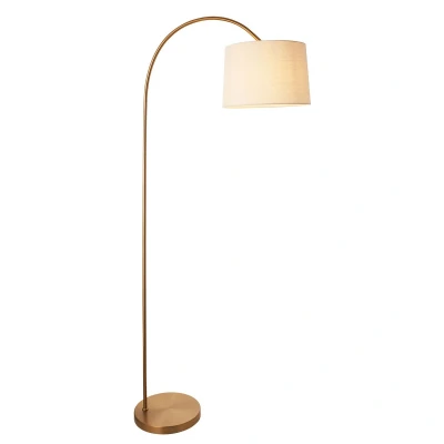 Image of Carlson Arc Floor Lamp Warm Brass Plate, Natural Fabric, 1x E27