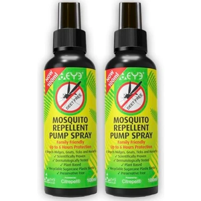 Image of THEYE Insect Repellent Spray Double Pack for Body 2 x 100% Natural Mosquitot (Deet Free), No Preservatives or Other Harmful Chemicals Pump Spray, 100ml