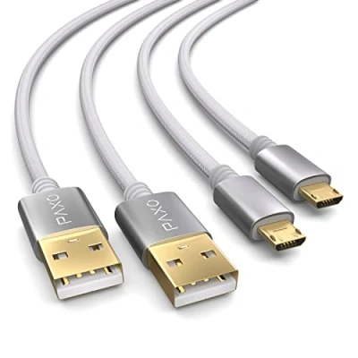 Image of PAXO 2x 4m charging cable for PS4 controller, micro USB cable, nylon, USB, fabric jacket, aluminum plug, white