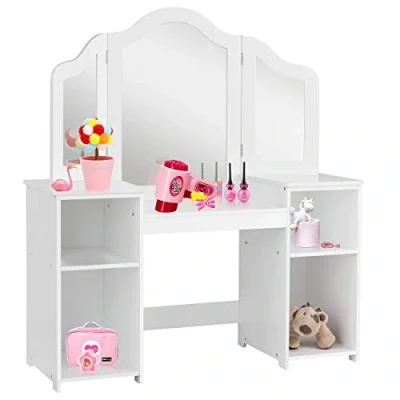 Image of Maxmass Kids Vanity Table and Chair Set, 2 in 1 Girls Dressing Set with Removable Tri Folding Mirror, 4 Storage Compartments, Children Wooden Princess Makeup for 3+ Years Old