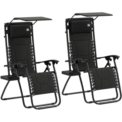 Image of Outsunny Zero Gravity Lounger Chair Set of 2, Folding Reclining Patio with Shade Cover, Cup Holder, Soft Cushion and Headrest for Poolside, Camping, Black