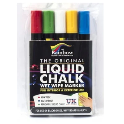 Image of Rainbow Chalk Markers Wet Wipe Erasible Liquid Marker Pens Assorted 5 Pack 5mm Bullet Nib