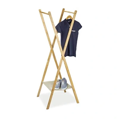 Image of Relaxdays Stand Made of Bamboo, Size: 155.5 x 50 57.5 cm Wardrobe Coat Hanger w/Practical Rack Shoe Shelf Space Saving for Garments Laundry Clothing with 2 Wooden Rails, Natural Brown, 58x50x164