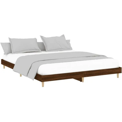 Image of vidaXL Engineered Wood Bed Frame Double with Solid Eucalyptus Legs and Plywood Slats Contemporary, Bohemian Style Brown Oak 200x200 cm