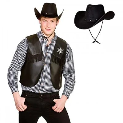 Image of Adult Unisex Black Cowboy Waistcoat + Texan Hat : Sheriff Cowgirl Wild West Rodeo Fancy Dress Costume