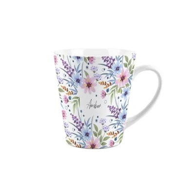 Image of Customisable Floral Gift Mug Blue &amp; Purple Flowers Small Latte Ceramic Tea/Coffee Cup Personalised Presents for Her