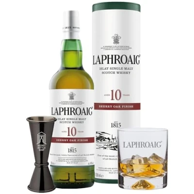 Image of Laphroaig Whisky Glass &amp; Jigger Set 1 x 10 Year Old Sherry Oak Finish 70cl, Glass, Secret Bottle Shop Gifts For Him