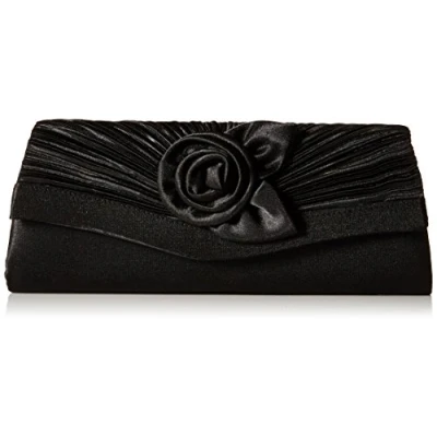 Image of Damara Women&#039;s Satin Pleated Flower Front Evening Bag Clutch Handbag (Black)(Size:L)