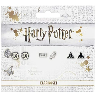 Image of Official Harry Potter Stud Earring Set including Platform 9 3/4, Hedwig &amp; Letter, and The Deathly Hallows earrings by Carat Shop