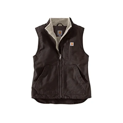Image of Carhartt Women&#039;s Relaxed Fit Washed Duck Sherpa Lined Mock Neck Vest, Dark Brown, M