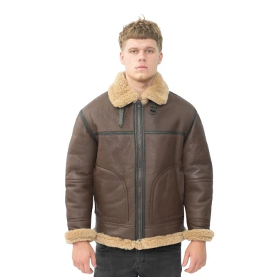 Image of Infinity Leather Mens B3 Shearling Sheepskin Aviator Jacket Gloucester Brown Size Medium