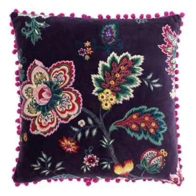 Image of Riva Paoletti Palampur Cushion Cover Damson Purple Indian Floral Print Faux Velvet Fabric Pink Pompom Edges Machine Washable 100% Cotton 50 x 50cm (20&quot; 20&quot; inches)