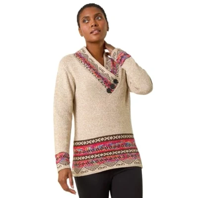 Image of Roman Originals Jumper for Women UK Ladies Button Detail Embellished Tunic Sweater V Neck Overlap Autumn Winter Smart Office Work Wear Casual Warm Cosy Pullover Day Camel Size 12