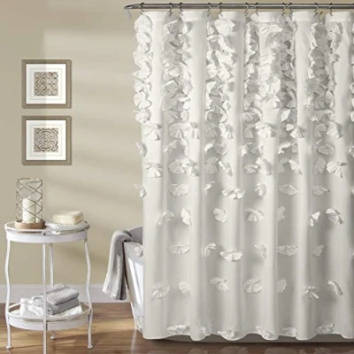 Image of Lush Decor Riley Shower Curtain Bow Tie Textured Fabric Vintage Chic Farmhouse Style Bathroom Decor, White, 72&quot; x