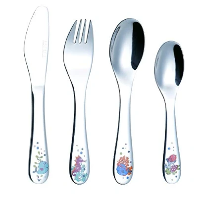 Image of Exzact Childrens Cutlery 4pcs Set Stainless Steel/Kids Cutlery/Toddler Utensils/Flatware 1 x Fork, Safe Dinner Knife, Spoon, Dessert Spoon with Illustrations