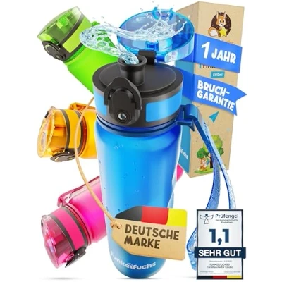 Image of Funkelfuchs® Water Bottle for Children 500 ml, Blue Suitable Carbonated Drinks 100% Leak Proof Dishwasher Safe Nursery, School, Sports