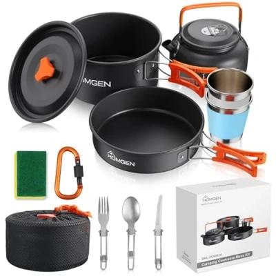 Image of HOMGEN Camping Cooking Set Pots and Pans Aluminium Cookware Kit Protable Mess Lightweight Equipment for 2 3 People Perfect Picnic Hiking etc