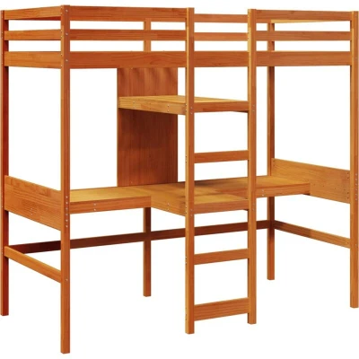 Image of vidaXL Loft Bed Frame with Desk/Shelves Pine Wood, Wax Brown, 90x200cm, Guardrails, Built in Ladder