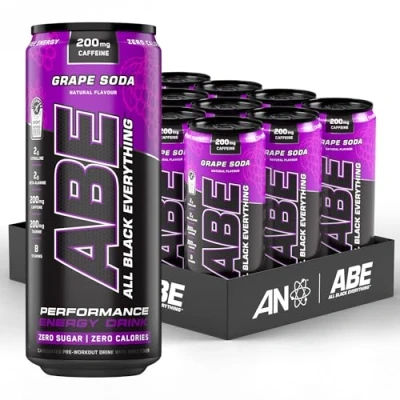 Image of Applied Nutrition ABE Pre Workout Cans All Black Everything Energy + Performance Drink, Carbonated Beverage Sugar Free with Caffeine (Pack of 12 x 330ml) (American Grape)