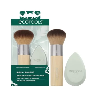 Image of EcoTools Blend + Blur Makeup Brush and Sponge Duo, Blending &amp; Foundation Brush, For Liquid Cream Products, Cloud Skin, Eco Friendly, Latex Free, Cruelty Vegan, 2 Count