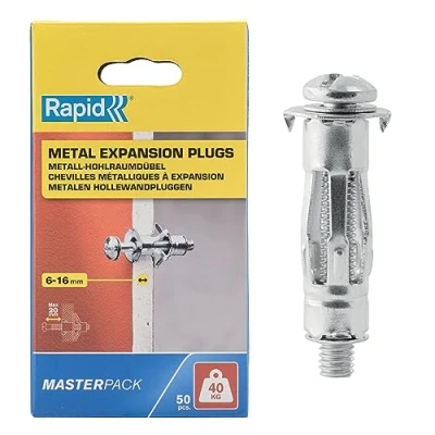 Image of Rapid Hollow Wall Anchors, Pack of 50 Heavy Duty Metal Plasterboard Fixings for 6 16 mm Thickness, 40 kg Load, Cavity Fixings, Plugs, &amp; Chipboard Plugs (5001563)