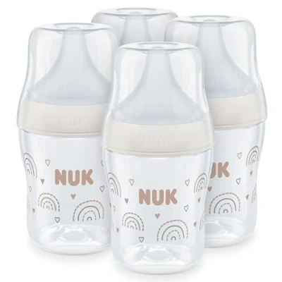 Image of NUK Perfect Match Baby Bottles Set 0+ Months Adapts to Baby&#039;s Palate Temperature Control Anti Colic Vent 150 ml BPA Free Small Silicone Teat Rainbow 4 Count