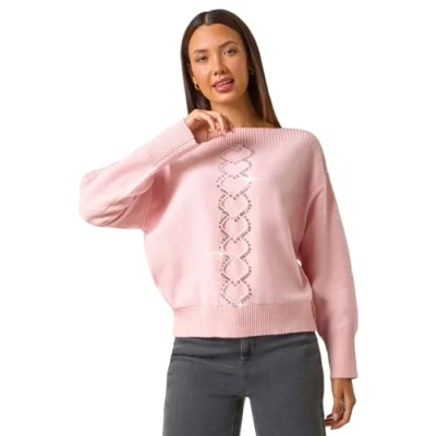 Image of Roman Originals Boat Neck Embellished Jumper for Women UK Ladies Everyday Autumn Winter Round Neckline Comfy Soft Evening Vacation Work Party Night Out Rose Size 12
