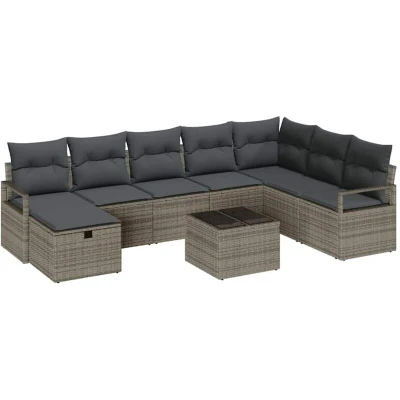 Image of vidaXL 9 Piece Garden Sofa Set with Cushions Grey Poly Rattan