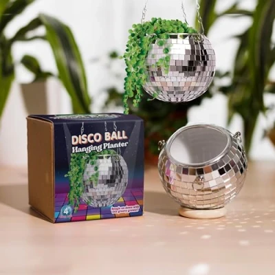 Image of Bubblegum Stuff Silver Disco Ball Hanging Planter Basket For Indoor Plants, Chain, Herb Planter, Plant, Boho Decor Plant Pots Room 6 inch